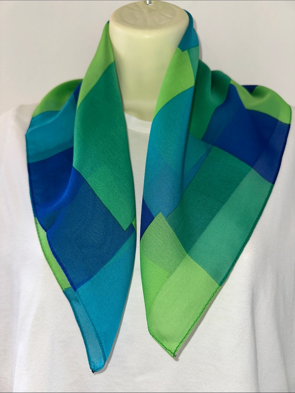 NWOT Vintage Basha Scarves Green & Blue Geometric Polyester Square Scarf